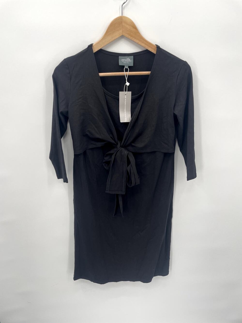 Milk Nursing Black 3/4 Sleeve Nursing Tie Front Dress // S